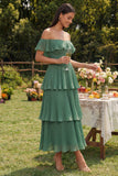 Off the Shoulder Tiered Eucalyptus Ruffled Wedding Guest Dress