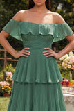 Off the Shoulder Tiered Eucalyptus Ruffled Wedding Guest Dress