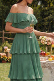 Off the Shoulder Tiered Eucalyptus Ruffled Wedding Guest Dress
