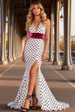 Black and White Polka Dot Mermaid Maxi Prom Dress