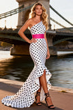 One Shoulder Mermaid Black and White Polka Dot Prom Dress