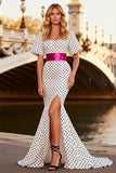 Square Neck Mermaid Black and White Polka Dot Prom Dress