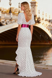 Square Neck Mermaid Black and White Polka Dot Prom Dress