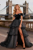 Off the Shoulder Tiered Black and White Polka Dot Prom Dress