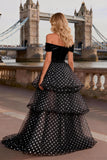 Off the Shoulder Tiered Black and White Polka Dot Prom Dress