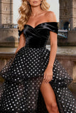 Off the Shoulder Tiered Black and White Polka Dot Prom Dress
