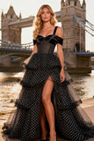Cold Shoulder Tiered Black and White Polka Dot Prom Dress