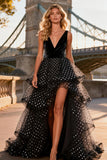 Tiered V Neck Black and White Polka Dot Prom Dress
