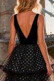 Tiered V Neck Black and White Polka Dot Prom Dress
