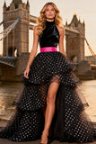 Halter Tiered Black and White Polka Dot Prom Dress