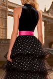 Halter Tiered Black and White Polka Dot Prom Dress