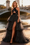 Halter Cut Out Tiered Black and White Polka Dot Prom Dress
