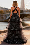 Halter Cut Out Tiered Black and White Polka Dot Prom Dress