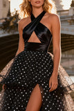 Halter Cut Out Tiered Black and White Polka Dot Prom Dress