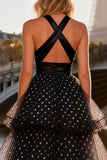 Halter Cut Out Tiered Black and White Polka Dot Prom Dress