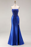 Strapless Royal Blue Mermaid Beaded Sequin Prom Dress