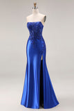 Strapless Royal Blue Mermaid Beaded Sequin Prom Dress