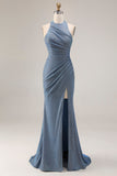 Gillter Halter Mermaid Ruched Dusty Blue Prom Dress