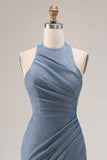 Gillter Halter Mermaid Ruched Dusty Blue Prom Dress