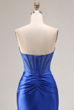 Strapless Royal Blue Mermaid Satin Beaded Prom Dress