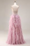 Sparkly A Line Ruffled Tulle Dusty Pink Prom Dress with Pearls