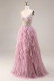 Sparkly A Line Ruffled Tulle Dusty Pink Prom Dress with Pearls