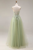 Sparkly A Line Beaded Light Green Prom Dress with Appliques