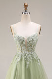 Sparkly A Line Beaded Light Green Prom Dress with Appliques