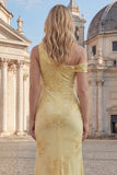 Asymmetrical Neck Yellow Mermaid Appliqued Prom Dress