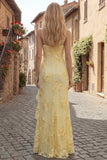 Yellow Appliqued Ruffled Prom Dress with Slit
