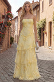 Tiered Appliqued Yellow Maxi Prom Dress