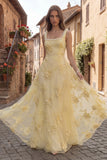 Yellow A Line Square Neck Prom Dress with Pearls