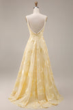 Yellow A Line Square Neck Prom Dress with Pearls