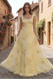 Yellow A Line Square Neck Prom Dress with Pearls