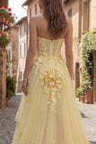 High Low Strapless Yellow Corset Maxi Prom Dress