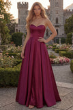Strapless A Line Satin Fuchsia Maxi Prom Dress