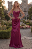 Burgundy Mermaid Satin Cowl Neck Maxi Prom Dress