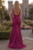 Cowl Neck Mermaid Burgundy Satin Prom Dress with Slit