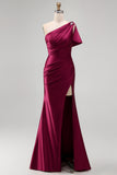 One Shoulder Mermaid Blush Ruched Prom Dress with Slit