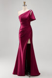One Shoulder Mermaid Blush Ruched Prom Dress with Slit