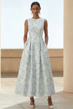 Blue Floral A Line Wedding Guest Dress with Pockets