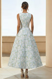 Blue Floral A Line Wedding Guest Dress with Pockets