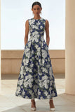 A Line Navy Floral Round Neck Wedding Guest Dress with Pockets