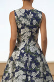 A Line Navy Floral Round Neck Wedding Guest Dress with Pockets