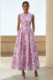 Round Neck A Line Lilac Floral Wedding Guest Dress with Pockets