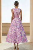 Round Neck A Line Lilac Floral Wedding Guest Dress with Pockets