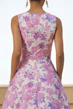 Round Neck A Line Lilac Floral Wedding Guest Dress with Pockets