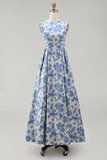 Floral A Line Blue Round Neck Wedding Guest Dress with Pockets