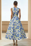 Floral A Line Blue Round Neck Wedding Guest Dress with Pockets