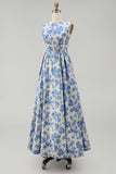 Floral A Line Blue Round Neck Wedding Guest Dress with Pockets